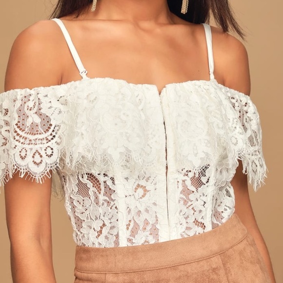Lulus Tops - White Lace Off the Shoulder Bodysuit